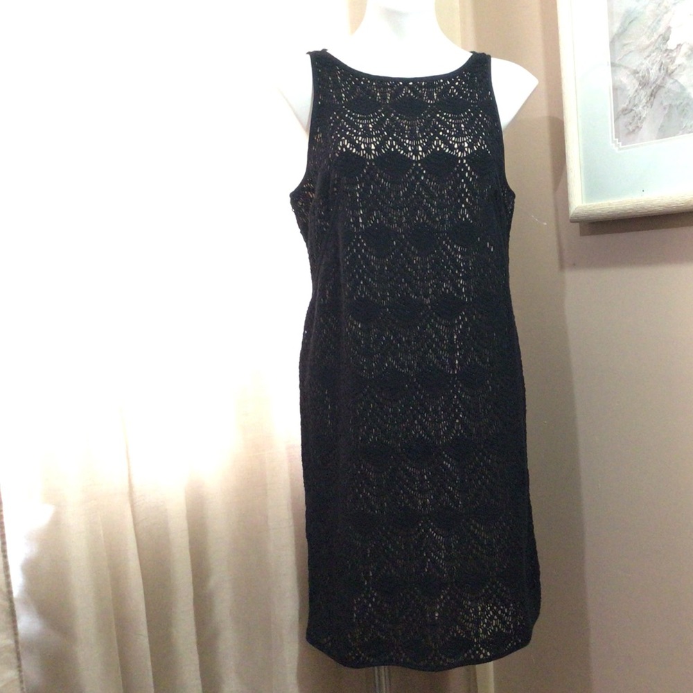 Ann Taylor LOFT Black Fan Cotton Eyelet Lace Overlay Dress 12 Petite